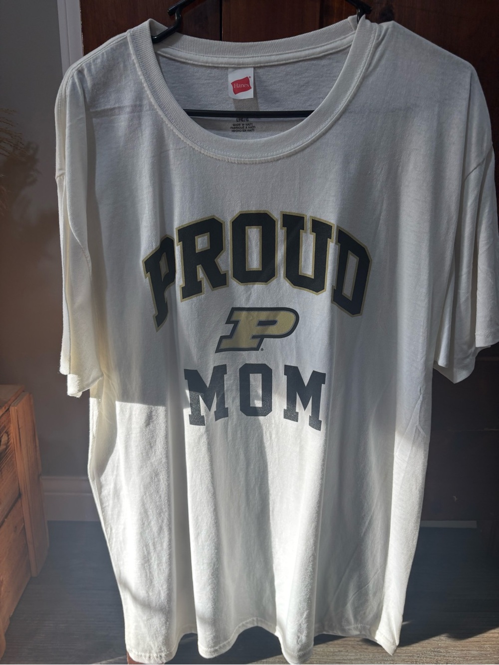 Hanes White Proud Mom Graphic Tee with Black and Gold Print